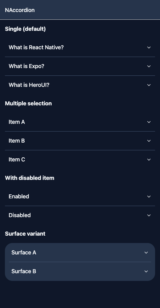 Accordion running in the Nayan UI example app