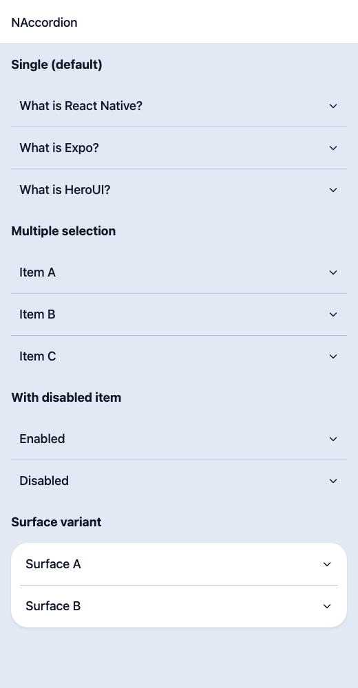 Accordion running in the Nayan UI example app