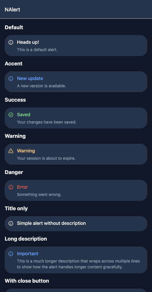 Alert running in the Nayan UI example app