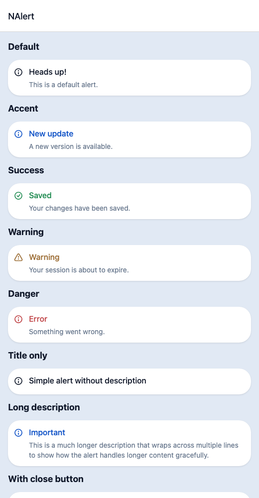 Alert running in the Nayan UI example app