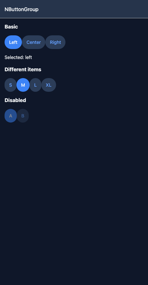 Button Group running in the Nayan UI example app