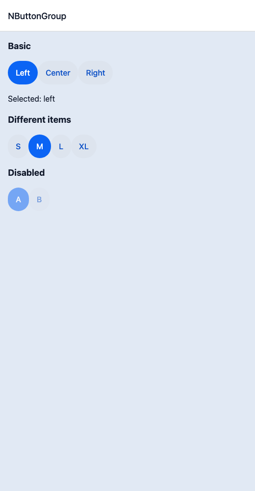 Button Group running in the Nayan UI example app