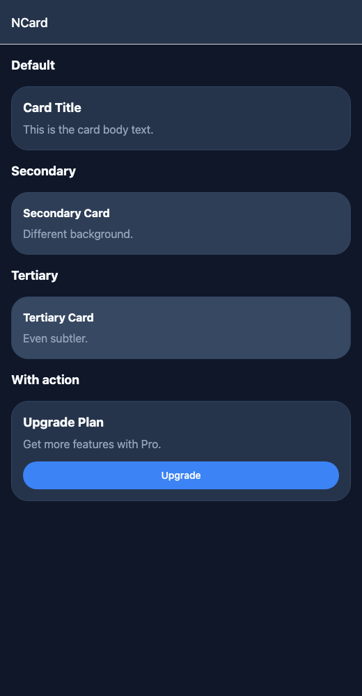 Card running in the Nayan UI example app