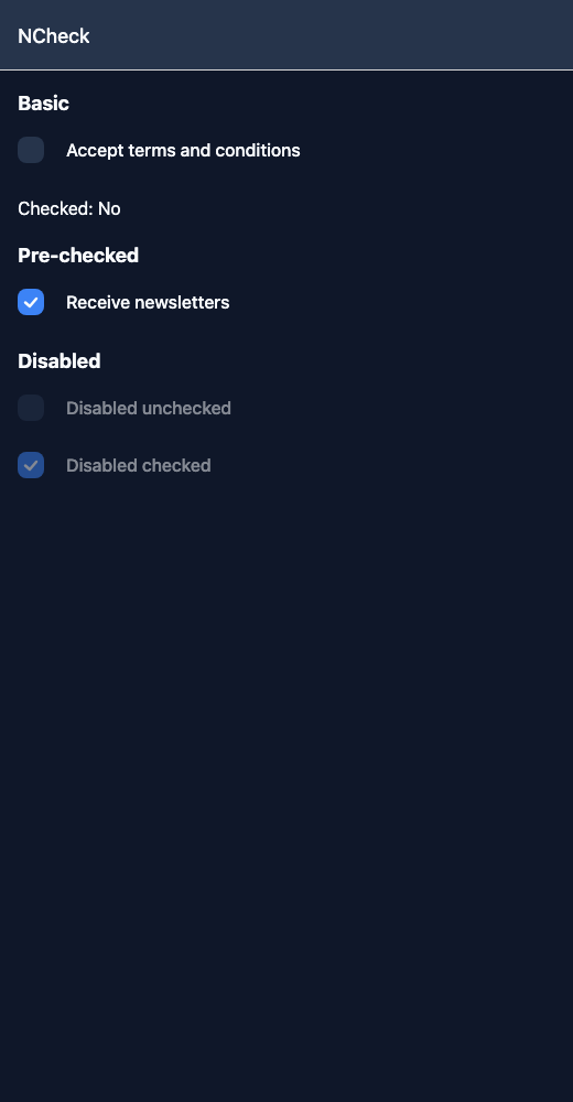 Checkbox running in the Nayan UI example app