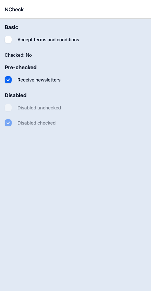 Checkbox running in the Nayan UI example app
