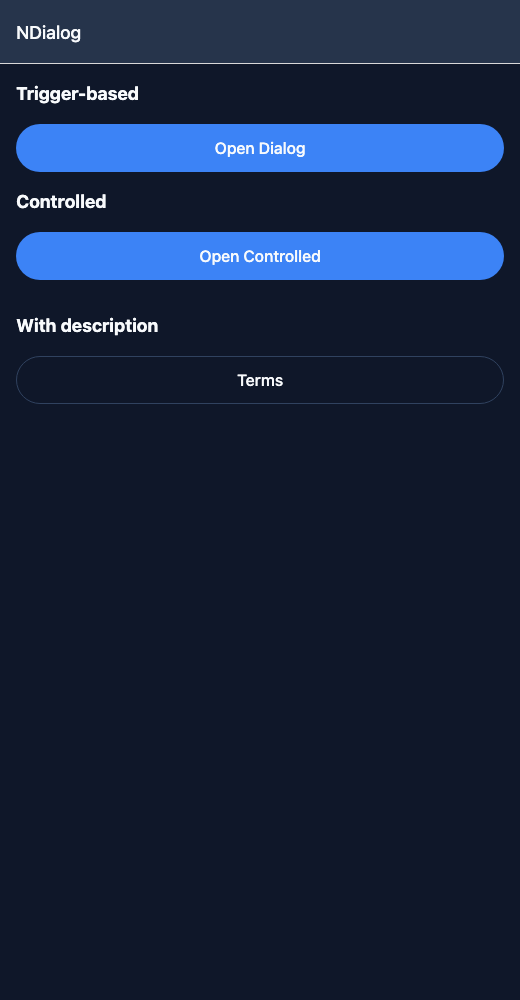 Dialog running in the Nayan UI example app