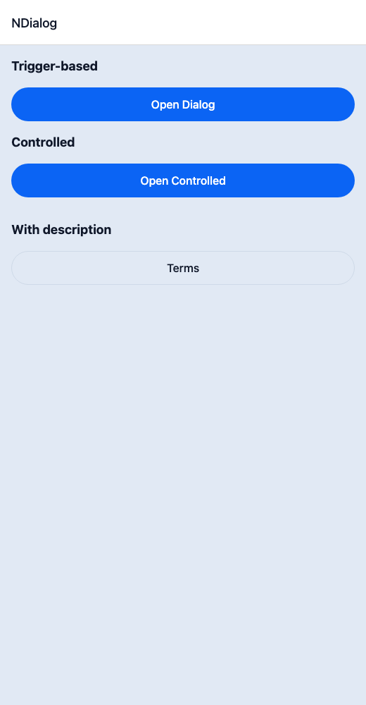 Dialog running in the Nayan UI example app