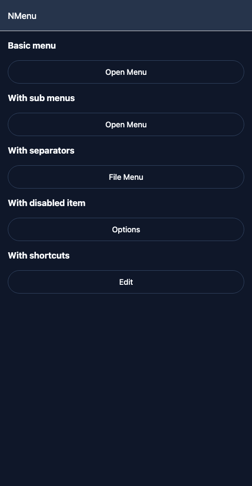 Dropdown Menu running in the Nayan UI example app