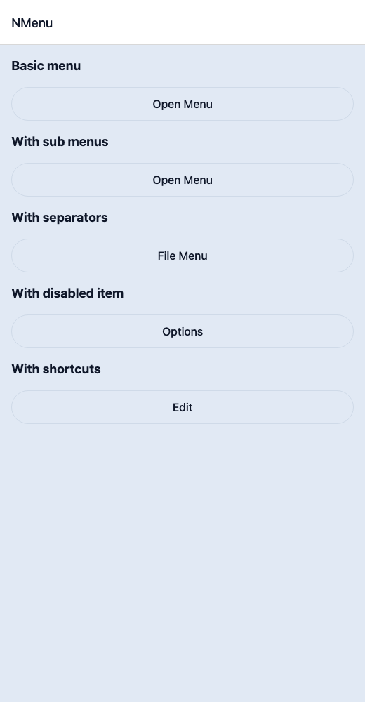 Dropdown Menu running in the Nayan UI example app