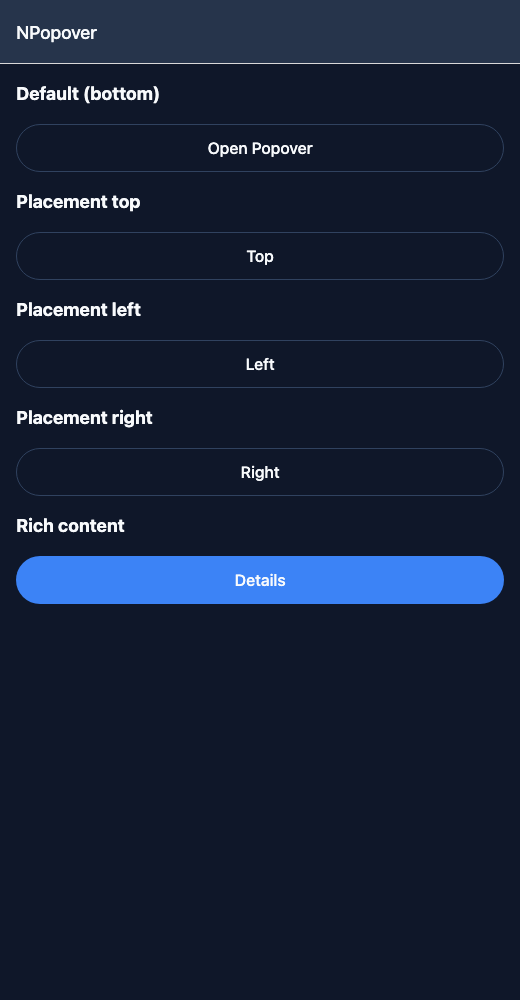 Popover running in the Nayan UI example app