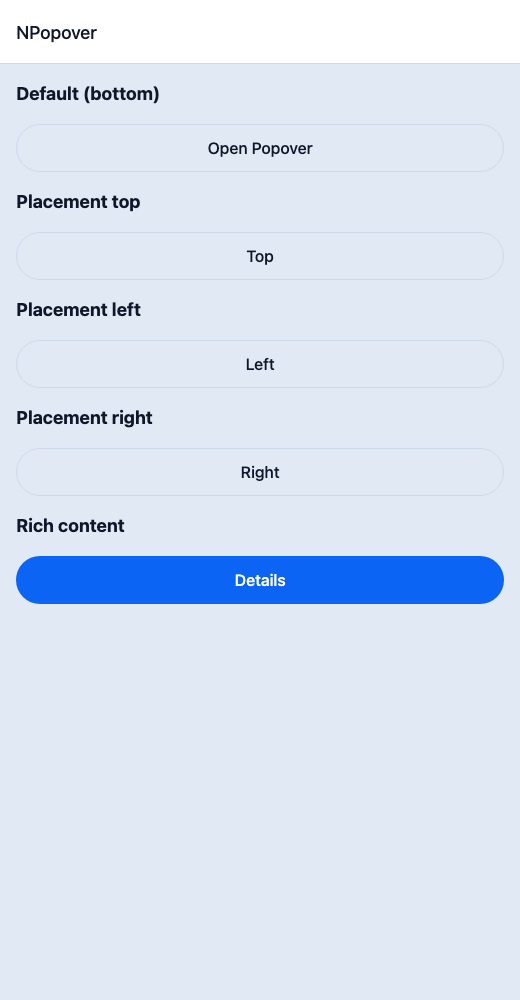 Popover running in the Nayan UI example app