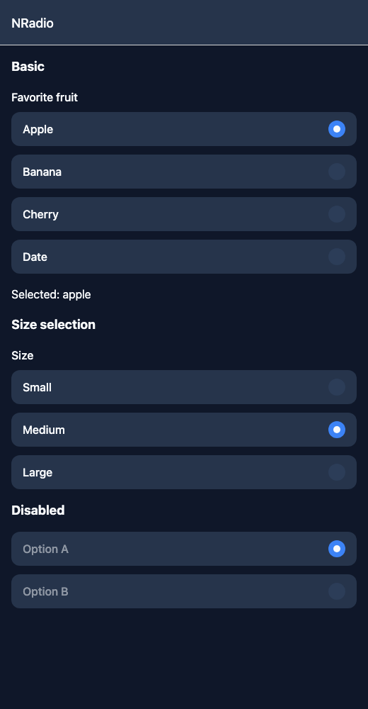 Radio Group running in the Nayan UI example app