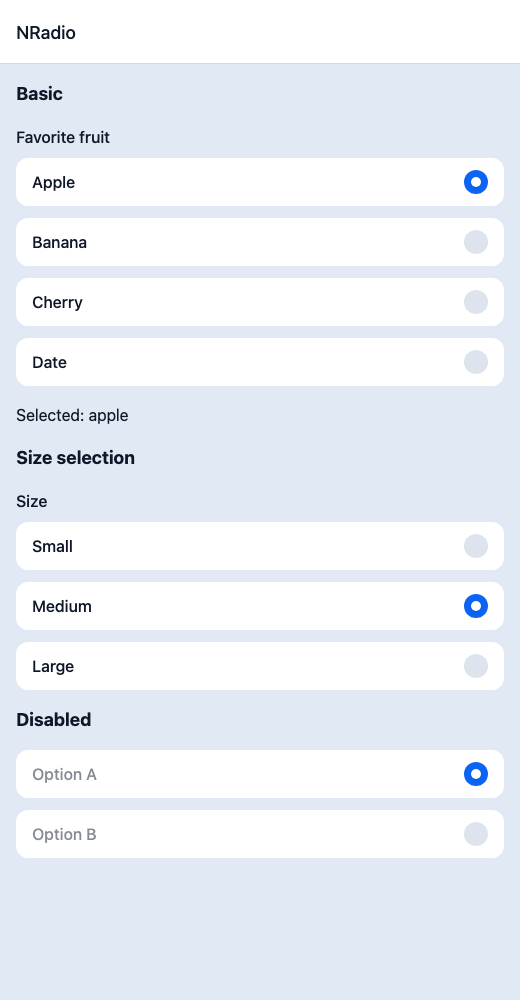 Radio Group running in the Nayan UI example app