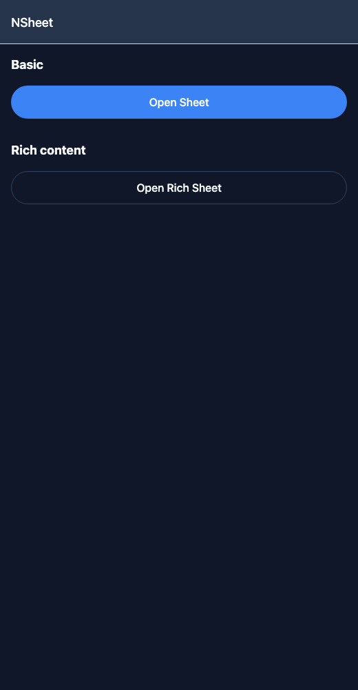 Sheet running in the Nayan UI example app