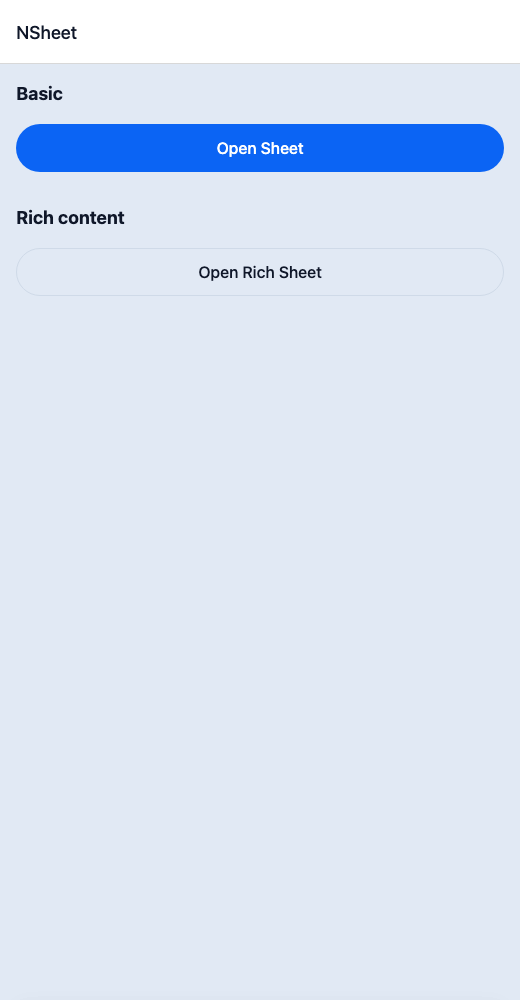Sheet running in the Nayan UI example app