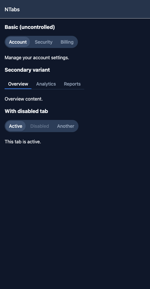 Tabs running in the Nayan UI example app