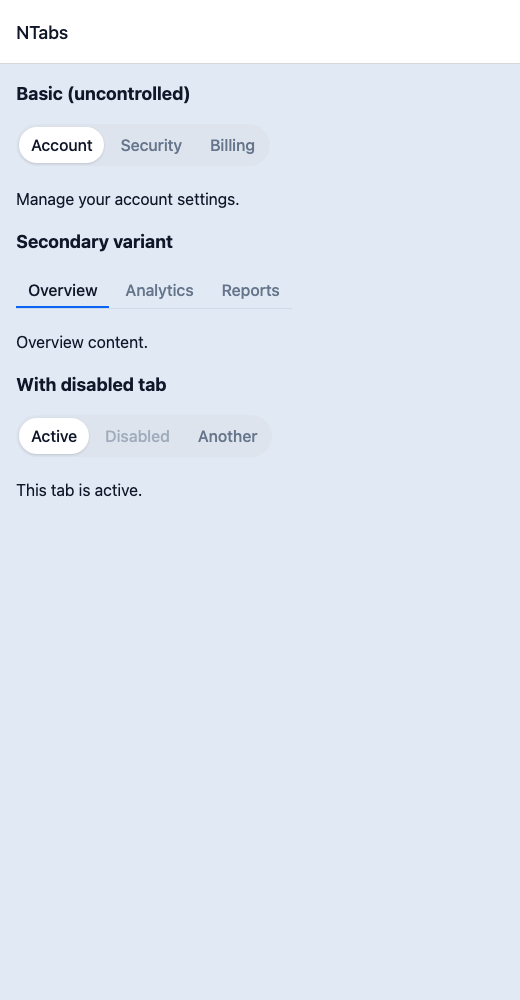 Tabs running in the Nayan UI example app