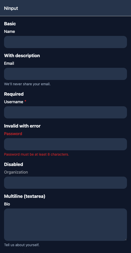 Textarea running in the Nayan UI example app