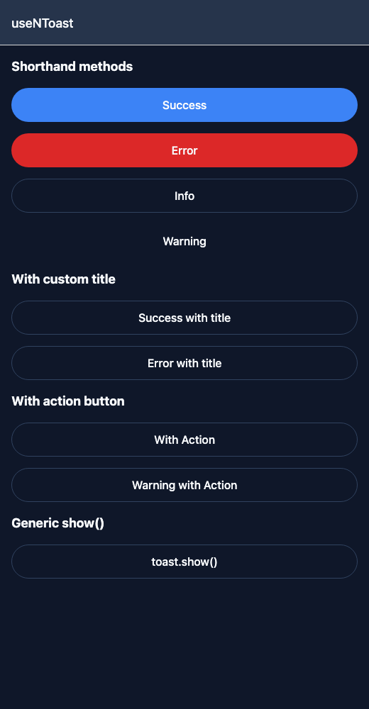 Toast running in the Nayan UI example app