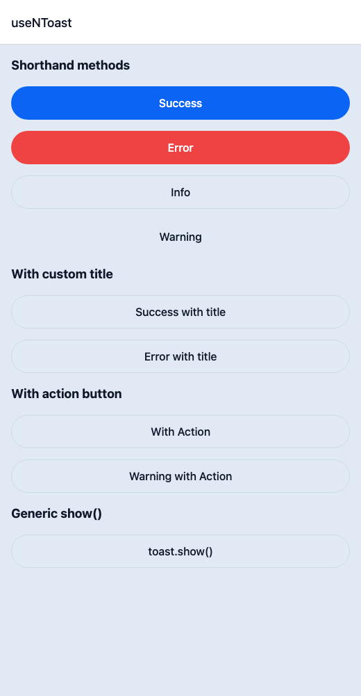 Toast running in the Nayan UI example app