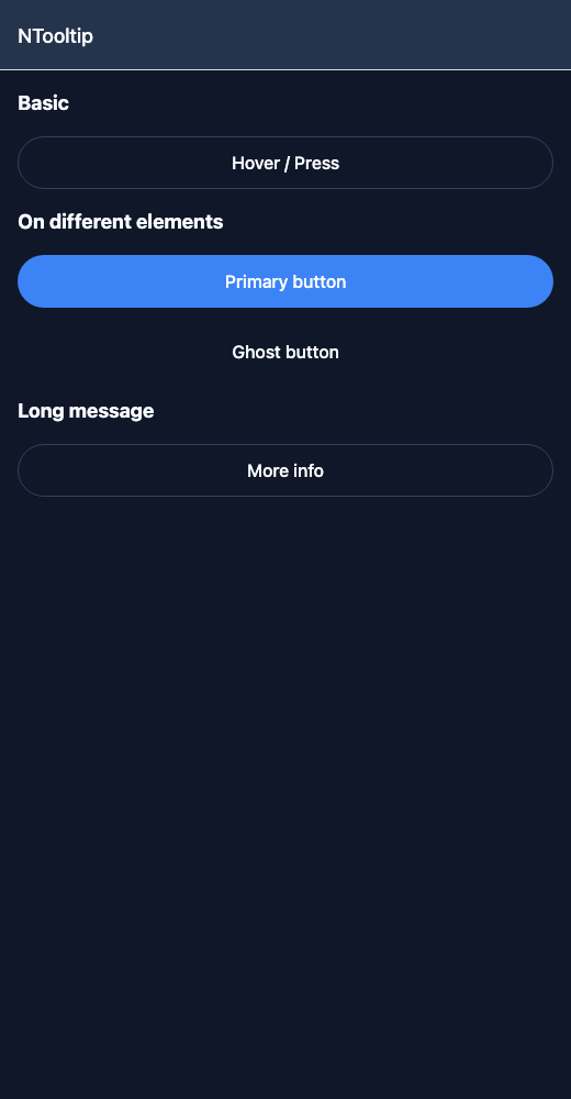 Tooltip running in the Nayan UI example app